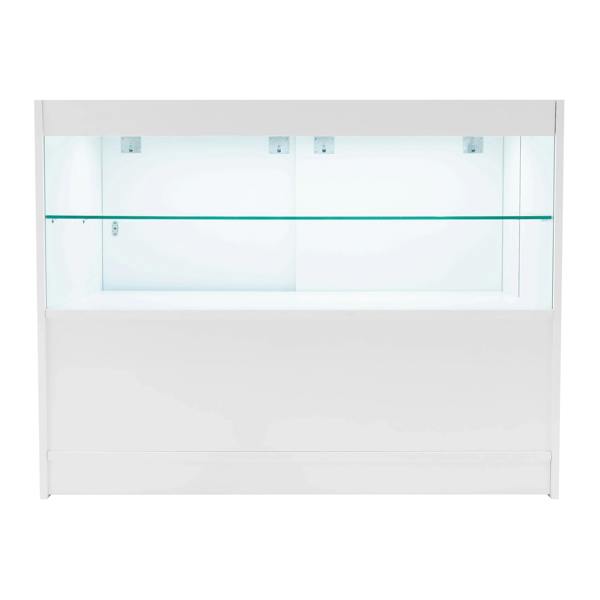 White Phoenix LED shop counter set with glass shelves, sleek design, and integrated lighting for showcasing products