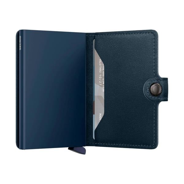 Blue leather wallet with card holder on a white background