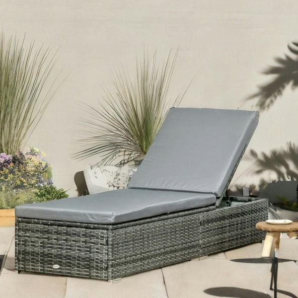 Rafaelo Mobilia Rattan Sun Lounger For Garden Reclining Deck Bed With Cushion Grey