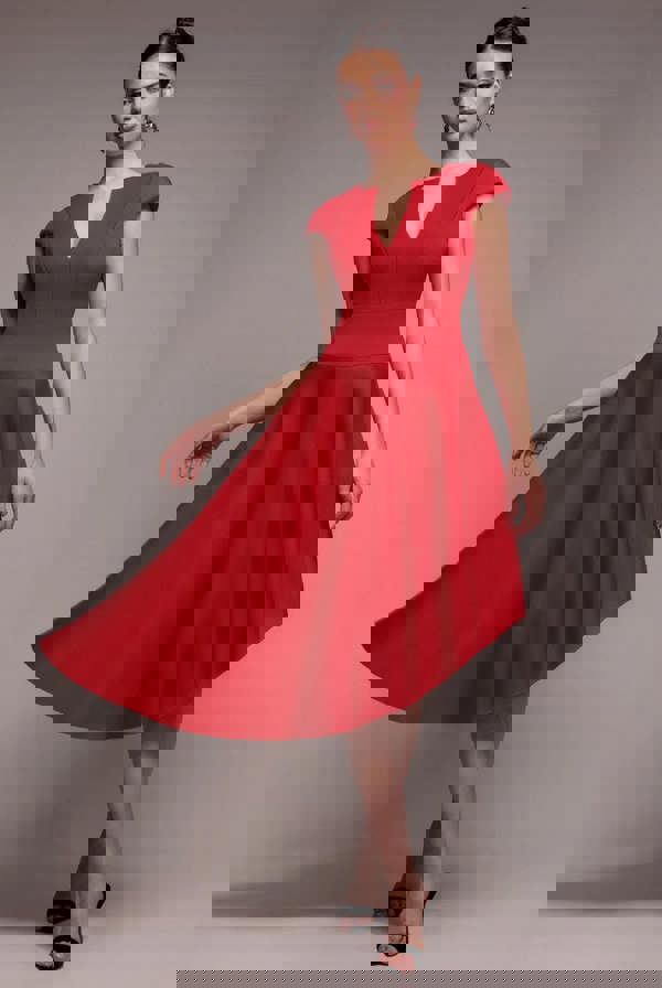 Cap Sleeve Skater High Low Midi Dress - Red DR5100