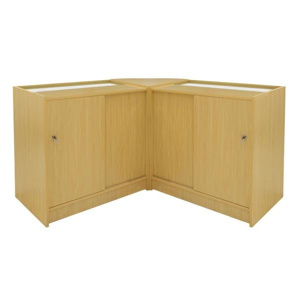 Maple wood Helios LED shop counter set featuring two K900 display cabinets with glass tops and sleek, modern design