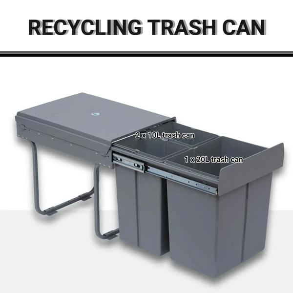 Grey pull-out recycling trash can with two small bins and one large bin