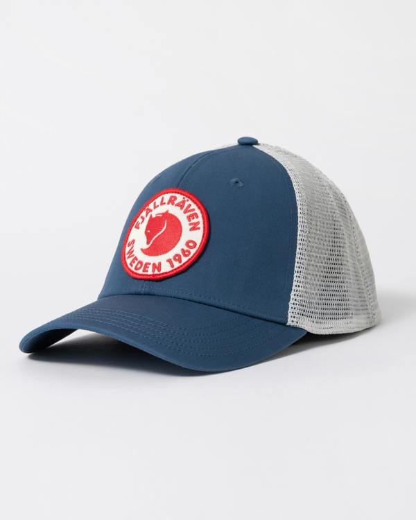side of Fjallraven 1960 Logo Unisex Langtradarkeps cap in Indigo Blue 534