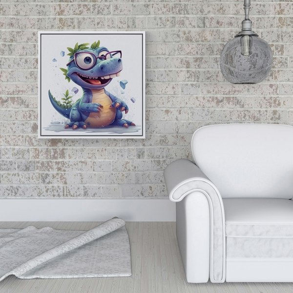 Warren Reed Happy Dinosaur With Glasses Framed Canvas