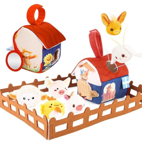 deAO Toys Plush Barn with Stuffed Farm Animals, Rattle,Crinkle Paper & Baby Mirror