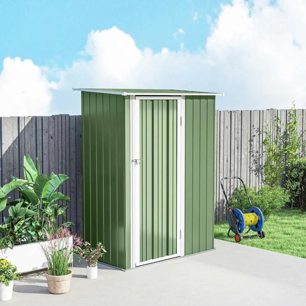 Green metal garden storage shed with lockable door and sloped roof