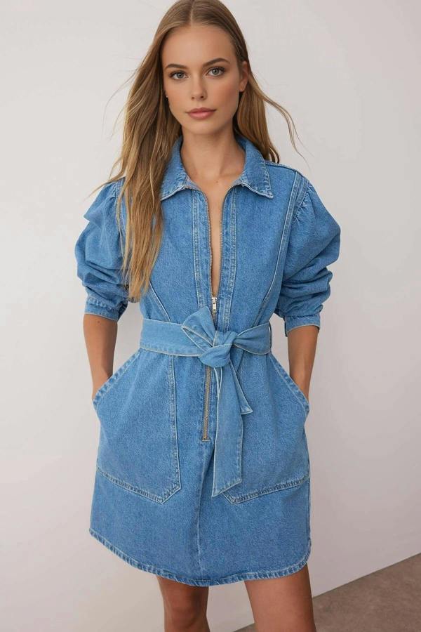 WOVCOR Belted Mini Denim Dress with Zipper and Pocket Details