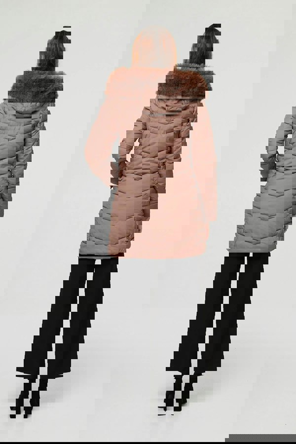 Beige | Faux Fur Hooded Longline Puffer Jacket
