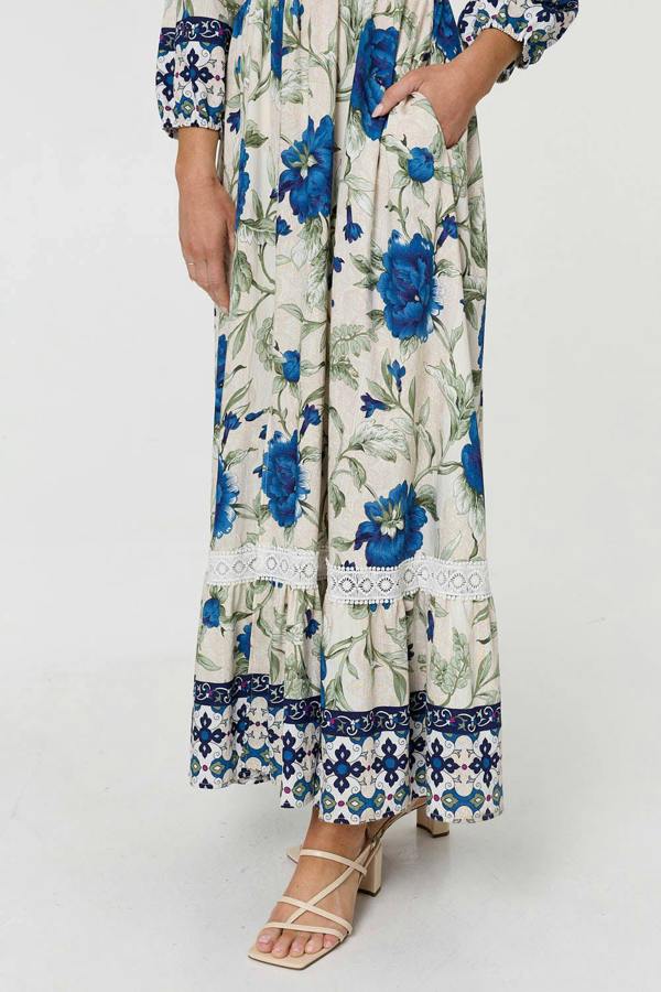 Izabel London Floral Tassel Tie Long Sleeve Maxi Dress