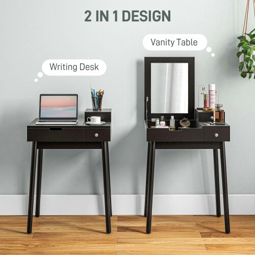 Wyld Haus Sinotti Black Dressing Table With Flip Up Mirror 2 Drawers And Wood Legs