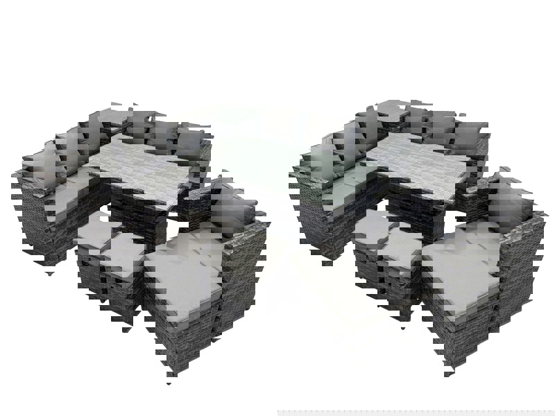 Fimous 10 Seater Outdoor Corner Sofa Height Adjustable Rising Lifting Table Set Garden Rattan Furniture Set with Side Table 3 Stool Dark Grey