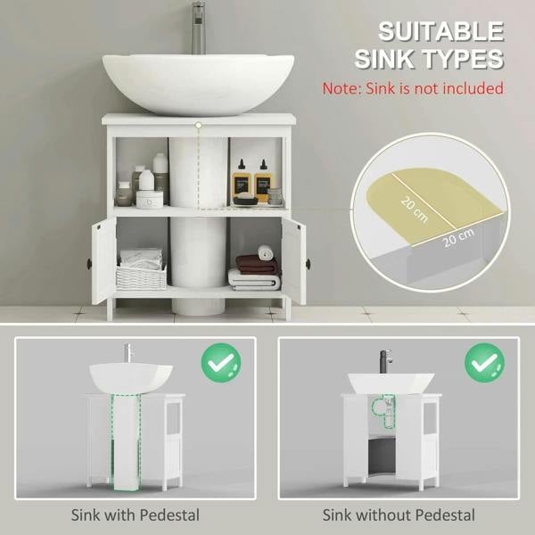 White under-sink vanity cabinet with open shelf and double doors for sink placement