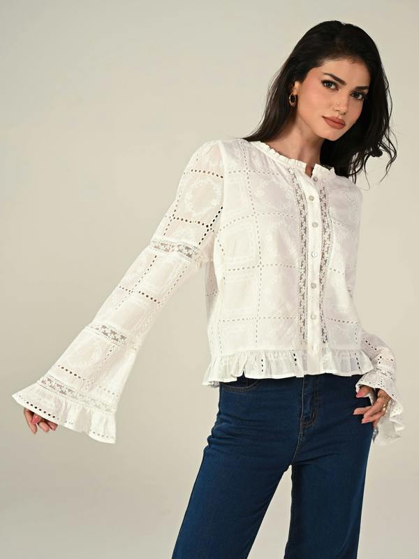 Rose & Nancy Abi Ivory Long Sleeve Embroidered Lace Blouse