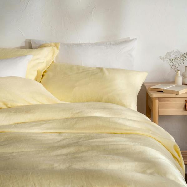 Lemon Yellow French Linen 40cm Deep Fitted Sheets bedroom detail | Soak and Sleep