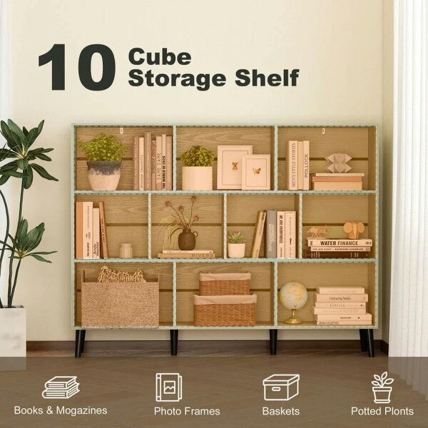 10-Cube Bookcase, 3-Tier Book Shelf with Solid Wood Legs, 140 cm Modern Bookshelf with Anti-Tip Kit, Light Green
