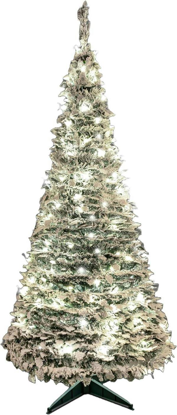4ft to 6ft Pre-Lit Flocked Pop-Up Christmas Tree with Warm White LED Lights, Battery Operated image 1