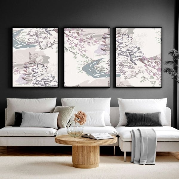 Set of 3 wall art for living room | set of 3 Chinoiserie wall art