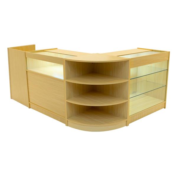 Maple Hyperion LED shop counter set featuring curved design, glass shelves, and integrated lighting for enhanced display options