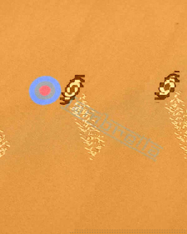 Lambretta Mens ShowerProof Classic Harrington MOD Scooter Jacket Coat, close-up of the orange fabric featuring embroidered Lambretta logo and round MOD roundel badge.