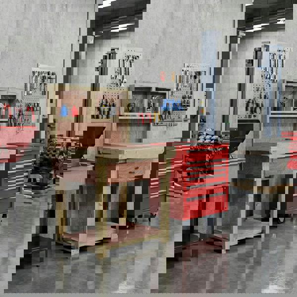 Wooden eucalyptus Top Workbench – Durable Tool Cabinet with Drawers and Back Panel, Ideal for Dry Indoor Spaces Such as Garages, Workshops, and Studios.