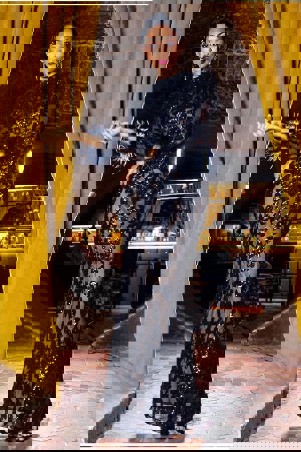 Sequin High Neck Feather Cuff Maxi Dress - Black DR3984