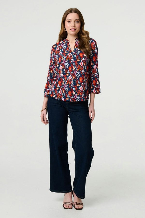 Navy | Printed Relaxed 3/4 Sleeve Blouse Top
