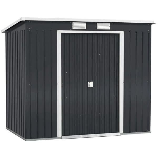 Dark grey galvanized steel garden shed with double doors and roof vents