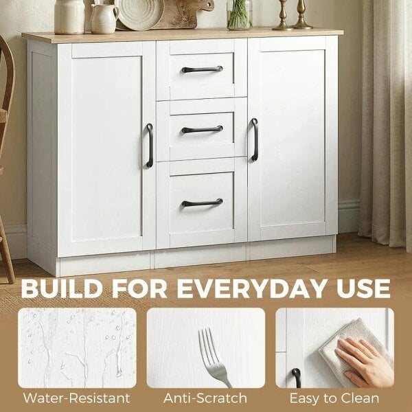 Sideboard Storage Cabinet, Modern 110 cm Buffet Storage Cabinet with 3 Drawers and 2 Soft Close Doors, White