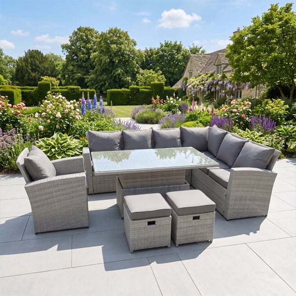Fimous 9 Seat Rattan Garden Furniture Corner Sofa Set Outdoor Adjustable Lifting Dining or Coffee Table Set with 2 Small Footstools Light Grey