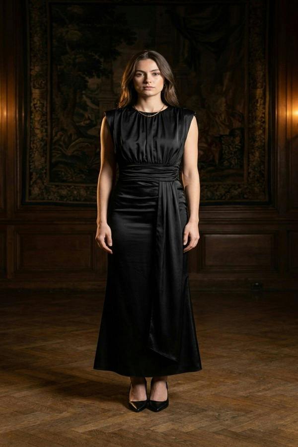 Nadia Sleeveless Gathered Maxi Dress With Drape - Black