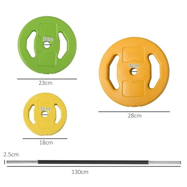 Weight plate size diagram with green and orange round plates for adjustable barbell
