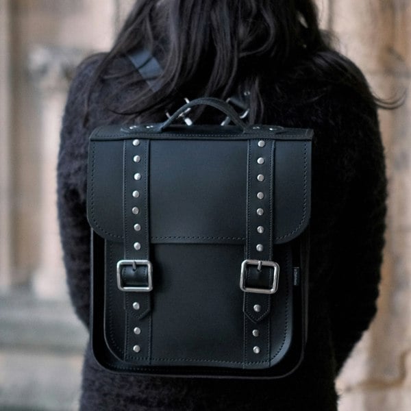 Zatchels Handmade Leather City Backpack - Black Gothic Studded