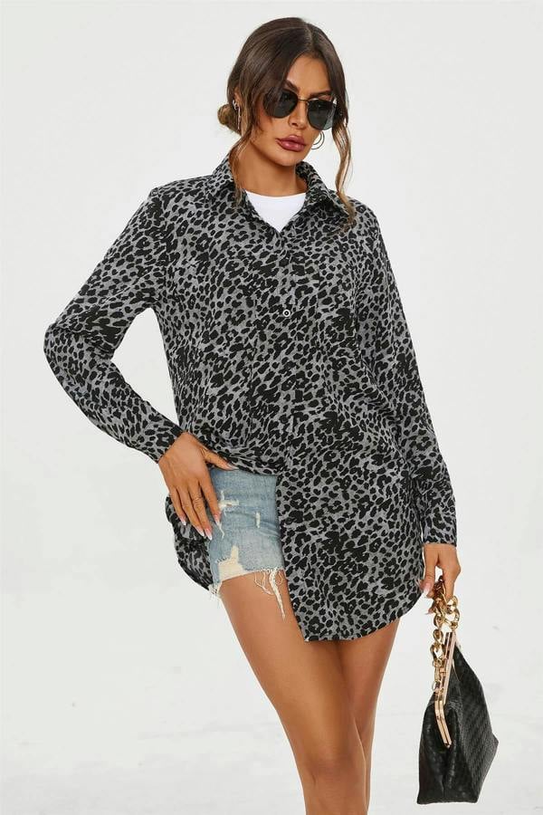 FS Collection Leopard Print Tunic Shirt In Grey Blue
