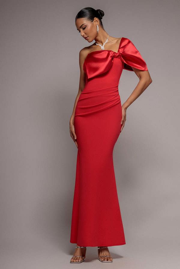Off The Shoulder Satin Bow Neck Maxi Dress - Red DR5073