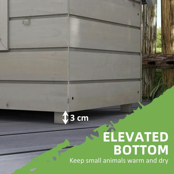 Grey elevated wooden cat house showing raised base and underbody clearance