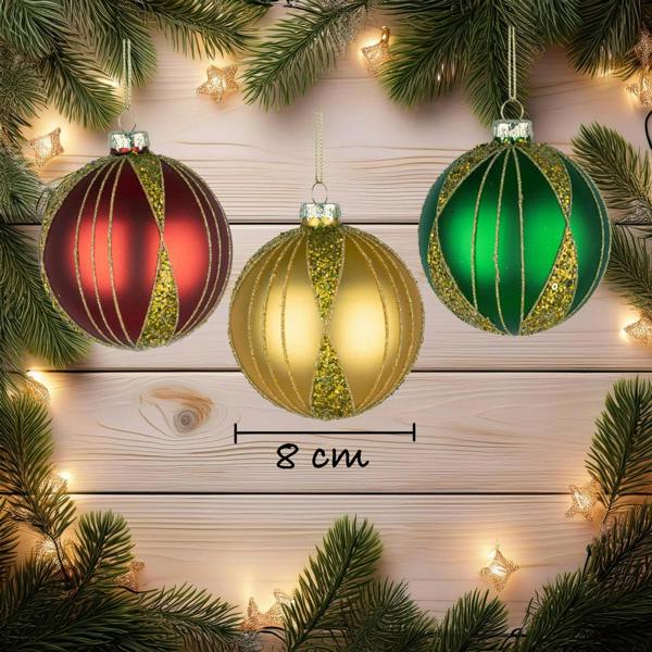 8cm Christmas Baubles 12 Pack in Red, Gold and Green Glass with Assorted Festive Designs image 4