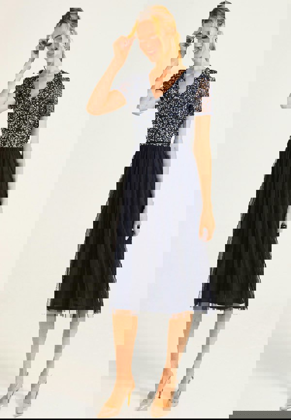 Embellished Sequin Baby Doll Midi Dress in Navy - ANGELEYE