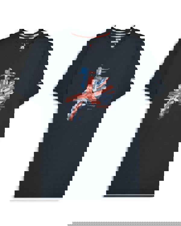 Lambretta Mens Scooter Logo Graphic Mod Ska Casual T-Shirt, featuring a graphic of a scooter with the Union Jack design on a black background.