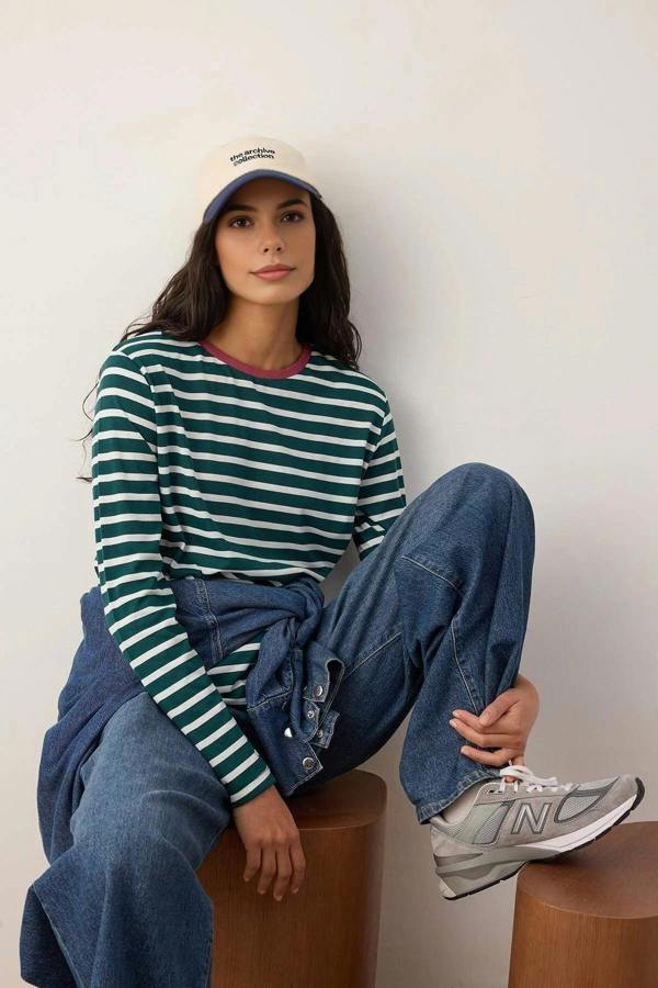 WOVCOR Striped Crew Neck Colorful Ribbed Knit T-Shirt