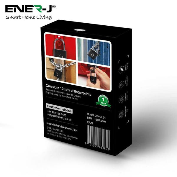ENER-J Smart Fingerprint Padlock, USB Rechargeable Biometric Lock, 10 User Access, 9,000 Unlocks, Gym, Lockers, Bikes & Travel, Black