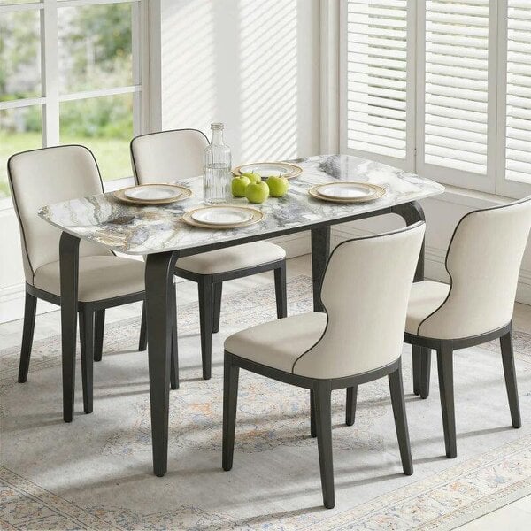 Dining Table for 4, Modern Kitchen Table with Sintered Stone Tabletop, Metal Legs, White - White