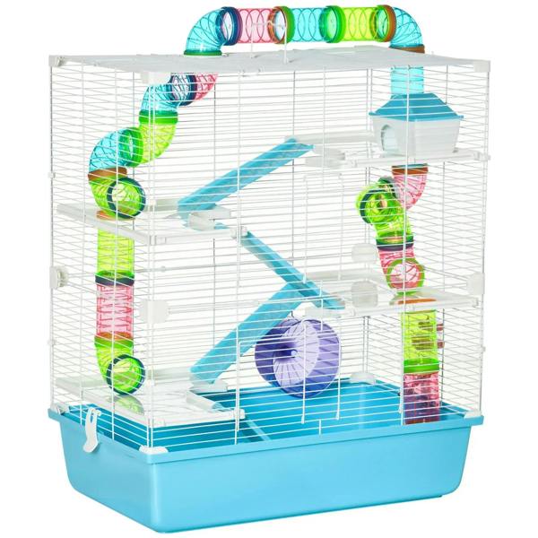 Light blue hamster cage with clear tubes, ramps, and exercise wheel inside white wire.