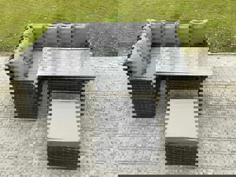 Fimous 7 Seater Rattan Garden Furniture Sets High Back Corner Sofa Rectangular Dining Table Set with Big Footstool Dark Grey Mixed