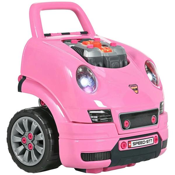Pink ride-on toy truck car with front headlights, grille, and open hood engine details.