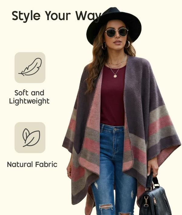 VIA MONTEN Women’s Vintage Plaid Poncho Shawl, Colour Block Knit Cape Wrap for Fall and Winter Layering