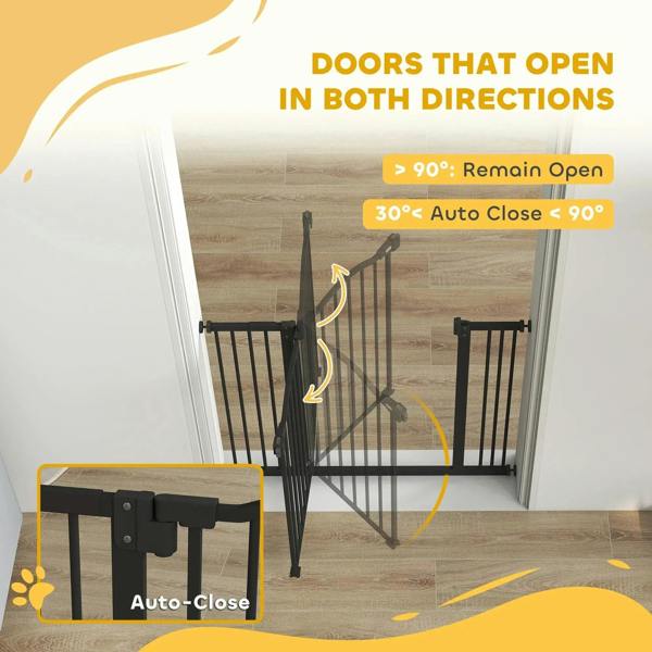 Black pet gate safety barrier with hinged door that auto-closes after opening