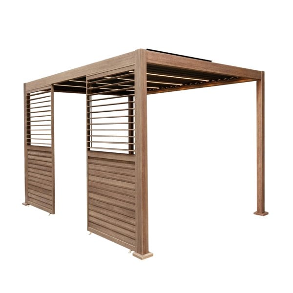 Wood effect aluminium pergola with LED lights, featuring two side panels, 3m x 3m, showcasing a modern, sleek design and warm tones