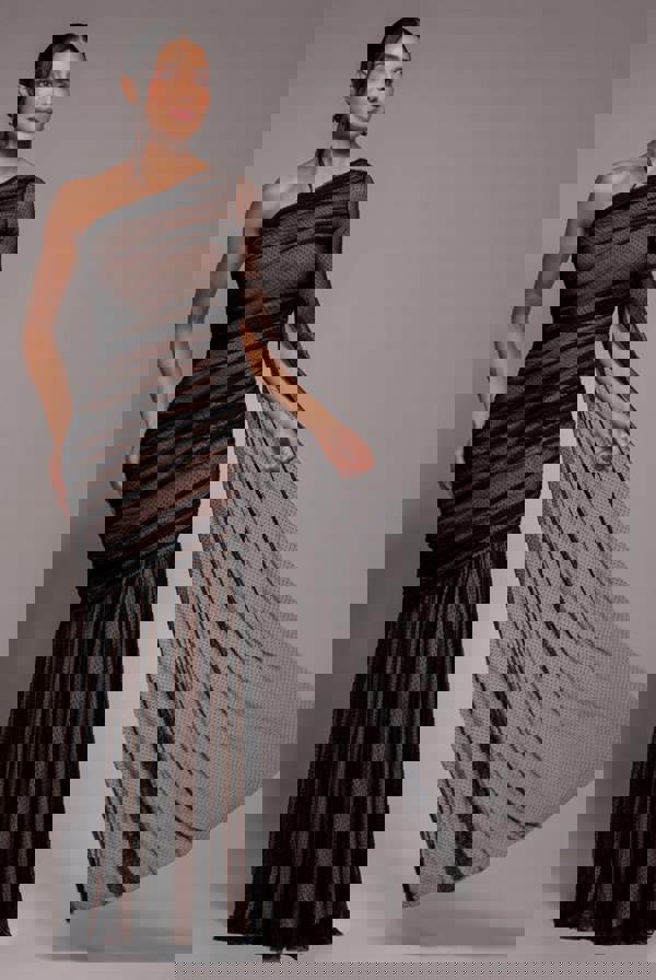 Gathered One Sleeve Angel Wing Mermaid Maxi Dress - Black DR4593