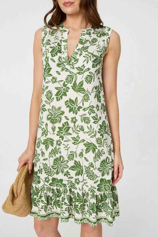 Green | Leaf Print Knee Length Sleeveless Dress