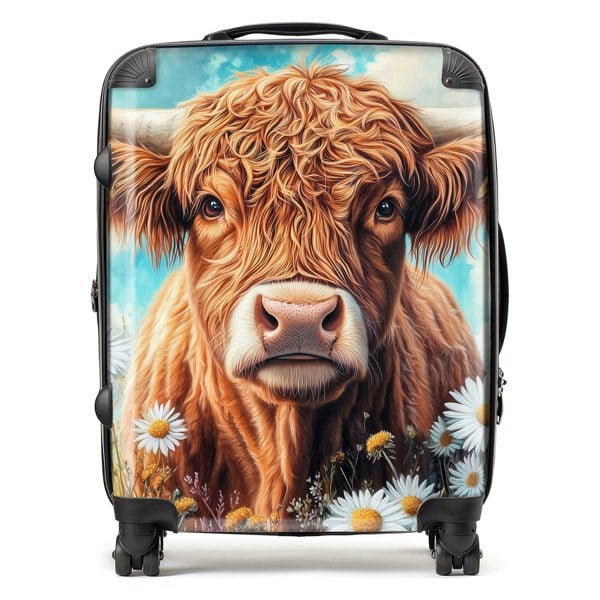 Warren Reed Highland Cow with Daisies Suitcase